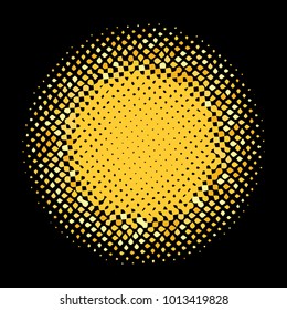 Golden halftone circles, dots pattern, vector, grunge. Comic texture background. Monochrome half-tone. Circle halftone Dots, gold and black geometric gradient for pop art designs.