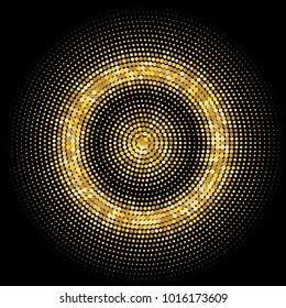 Golden halftone circles, dots pattern, vector, grunge. Comic texture background. Monochrome half-tone. Circle halftone Dots, gold geometric gradient for pop art designs.