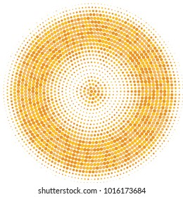 Golden halftone circles, dots pattern, vector, grunge. Comic texture background. Monochrome half-tone. Circle halftone Dots, gold geometric gradient for pop art designs.