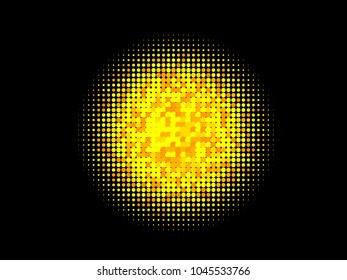 Golden halftone circles, dots pattern, vector, grunge. Comic texture background. Monochrome half-tone. Circle halftone Dots, gold and black geometric gradient for pop art designs.