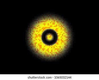 Golden halftone circles, dots pattern, vector, grunge. Comic texture background. Monochrome half-tone. Circle halftone Dots, gold and black geometric gradient for pop art designs.
