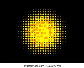 Golden halftone circles, dots pattern, vector, grunge. Comic texture background. Monochrome half-tone. Circle halftone Dots, gold and black geometric gradient for pop art designs.