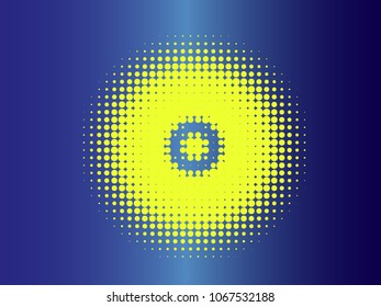 Golden halftone circles, dots pattern, vector, grunge. Comic texture background. Monochrome half-tone. Circle halftone Dots, gold and blue geometric gradient for pop art designs.