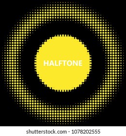 Golden halftone circles, dots pattern, vector, grunge. Comic texture background. Monochrome half-tone. Circle halftone Dots, gold and black geometric gradient for pop art designs.