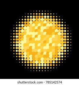 Golden halftone circles, dots pattern, vector, grunge. Comic texture background. Monochrome half-tone. Circle halftone Dots, gold geometric gradient for pop art designs