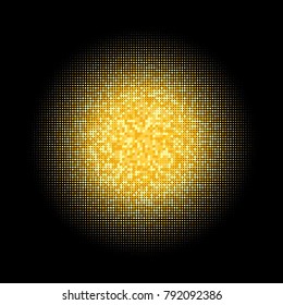 Golden halftone circles, dots pattern, vector, grunge. Comic texture background. Monochrome half-tone. Circle halftone Dots, gold geometric gradient for pop art designs.