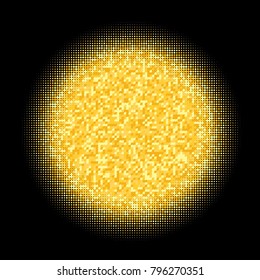 Golden halftone circles, dots pattern, vector, grunge. Comic texture background. Monochrome half-tone. Circle halftone Dots, gold geometric gradient for pop art designs.