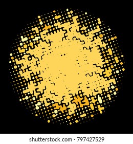 Golden halftone circles, dots pattern, vector, grunge. Comic texture background. Monochrome half-tone. Circle halftone Dots, gold and black geometric gradient for pop art designs.