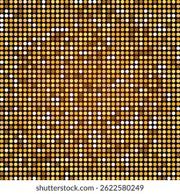 Gouden halftone disco stippen patroon. Abstracte feestelijke achtergrond. Gloeiende cirkels en elegante gradiëntzak. Retro kerstfeest ontwerp. Vectorillustratie. EPS 10.