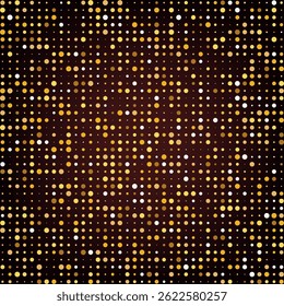 Gouden halftone disco stippen patroon. Abstracte feestelijke achtergrond. Gloeiende cirkels en elegante gradiëntzak. Retro kerstfeest ontwerp. Vectorillustratie. EPS 10.