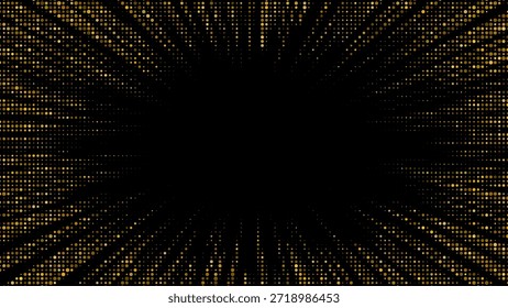 Los puntos de semitono dorado crean un patrón de estallido radiante con rayos brillantes y confeti brillante sobre un lujoso fondo degradado con efectos de luz dorada brillante.