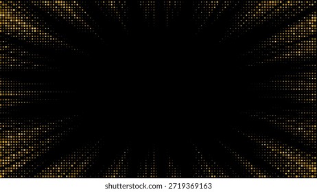 Los puntos de semitono dorado crean un patrón de estallido radiante con rayos brillantes y confeti brillante sobre un lujoso fondo degradado con efectos de luz dorada brillante.