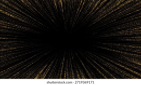 Los puntos de semitono dorado crean un patrón de estallido radiante con rayos brillantes y confeti brillante sobre un lujoso fondo degradado con efectos de luz dorada brillante.