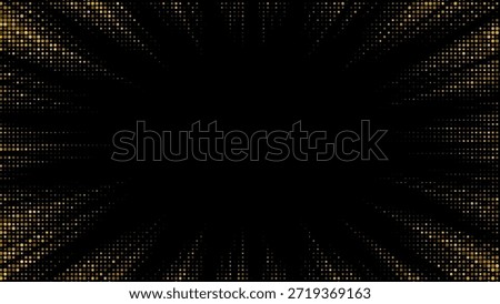 Golden halftone dots create a radiant starburst pattern with glowing rays and sparkling confetti on a luxurious gradient backdrop with shimmering golden light effects.