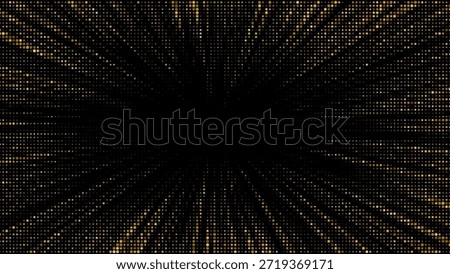 Golden halftone dots create a radiant starburst pattern with glowing rays and sparkling confetti on a luxurious gradient backdrop with shimmering golden light effects.