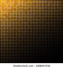 Golden halftone dots. Gold and black geometric gradient for pop art designs. Geometric vintage monochrome fade wallpaper. Pop art print. Dotted geometric retro pattern. Comic halftone background.