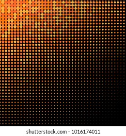 Golden halftone dots. Gold and black geometric gradient for pop art designs. Geometric vintage monochrome fade wallpaper. Pop art print. Dotted geometric retro pattern. Comic halftone background.