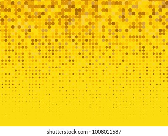 Golden halftone dots. Gold and orange geometric gradient for pop art designs. Geometric vintage monochrome fade wallpaper. Pop art print. Dotted geometric retro pattern. Comic halftone background.