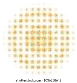 Golden halftone dots. Gold and white geometric gradient for pop art designs. Geometric vintage monochrome fade wallpaper. Pop art print. Dotted geometric retro pattern. Comic halftone background.