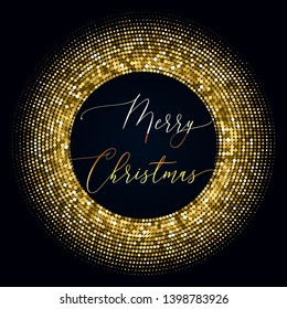 Golden Halftone Effect for Merry Christmas Greeting Card or Advertising Banner Template. Abstract Golden Dots Vector Texture.