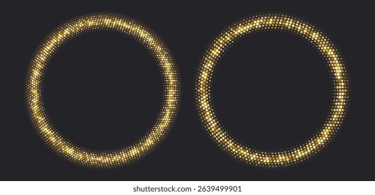 Golden halftone frames, glowing circle borders, round pattern with dots, radial disco luxury design element.