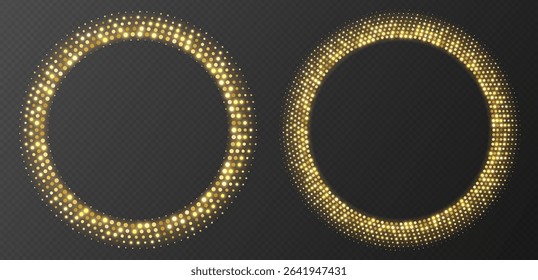 Golden halftone frames, glowing circle borders, round pattern with dots, radial disco luxury design element.