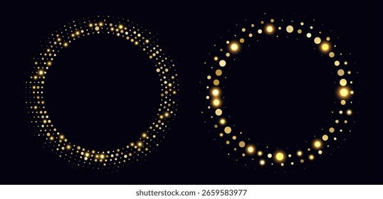Marcos de semitono dorado, bordes de círculo brillante, patrón redondo con puntos, elemento de diseño de lujo disco radial.
