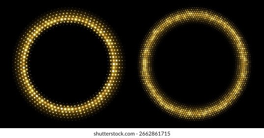 Marcos de semitono dorado, bordes de círculo brillante, patrón redondo con puntos, elemento de diseño de lujo disco radial.