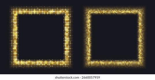 Marcos de semitono dorado, bordes cuadrados brillantes, patrón con puntos, elemento de diseño de lujo disco radial.