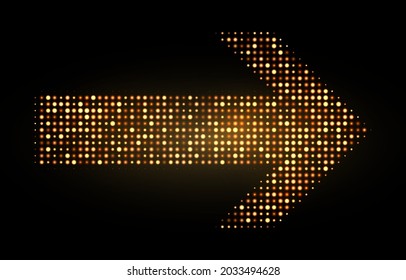 Golden halftone gradient glittering arrow. Vector illustration.