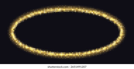 Goldener, ovaler Halbtonrahmen, leuchtender Kreisrand, rundes Muster mit Punkten, Radialdisco-Luxus-Design-Element.