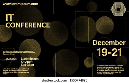 Golden halftone pattern. Conference design template. Business background. Colorful elements. Abstract cover design. Vector illustration. Gold dots on black background.