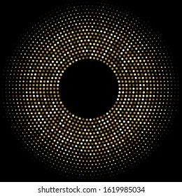 Golden halftone round frame. Abstract chaotic dots background