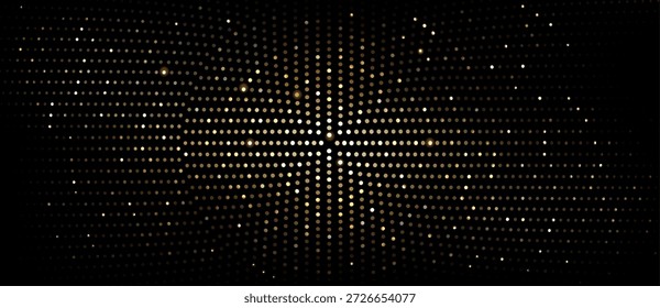 Patrón brillante de semitono dorado sobre fondo negro. Vector ilustración realista de puntos de brillo amarillo abstracto y destellos sobre fondo oscuro, Anuncio de fiesta de discoteca de lujo, Fondo de pantalla de mosaico brillante