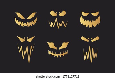 Golden Halloween collection of jack o lantern spooky smiling faces. October party gold scary clipart for pumpkin.