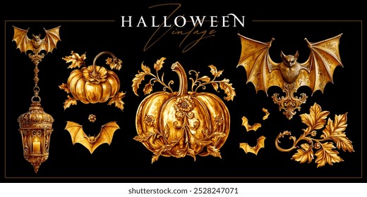 Golden Halloween graphic elements isolated on a changeable background. Vintage hand-drawn style vector illustration.