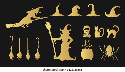 Golden halloween witches, hats, cats, brooms silhouettes. Evil potion. Scary October party gold clipart. 