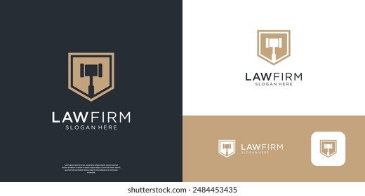 Golden hammer and shield logo vector. Simple justice or law firm logo design corporate.