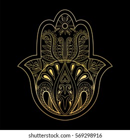 Golden Hamsa hand vector illustration. Hand drawn symbol of prayer for adult anti stress coloring book, page in zentangle style. Tattoo design