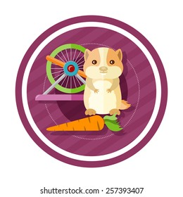 Golden hamster eating carrot near round cells. Concept in cartoon style