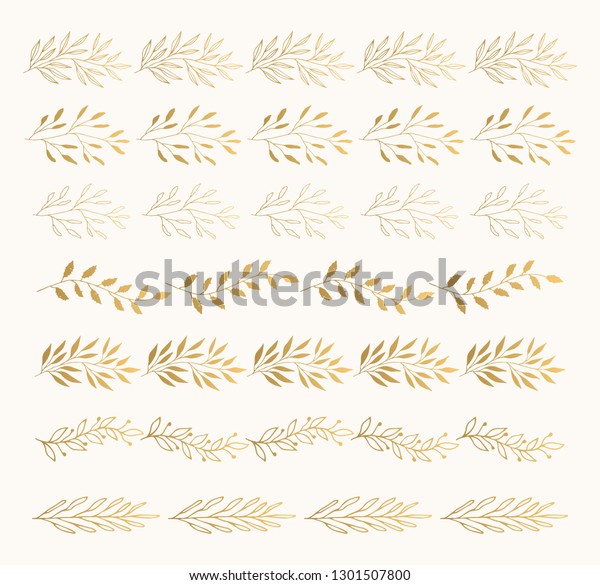 Golden hand drawn borders with leaves.\
Vector isolated\
illustration.