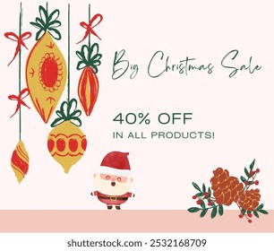 Golden Hand Drawn Christmas Sale Social Media Post.40% OFF In All Products.Vector Illustration on Pink Background With Santa