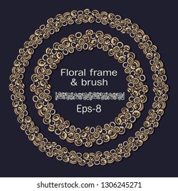 Golden hand drawn doodle Circle Ornament frame with brushes element and space for text, eps-8
