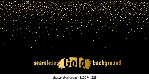 Golden hand drawn fading dots frame, long border seamless in horizontal direction. Gold glitter, foil, confetti, spangle, sparkles. Blobs, round spots texture. New Year, Christmas holiday background