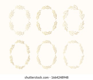 Golden hand drawn floral branch oval frames. Vector isolated gold flourish background for invitation cards. Wedding herb wreaths.