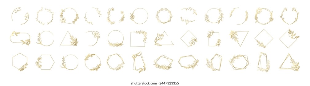 Golden hand drawn floral frames with flowers, branch and leaves. Set of floral design elements, frames and labels made with continuous line drawing