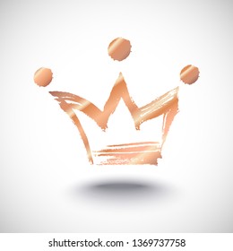 Golden hand drawn isolated crown. Trendy grunge brush and pencil (chalk or charcoal) texture. Silhouette made by tracing, white background. Vector illustration.