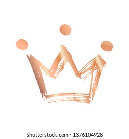Golden hand drawn isolated crown. Trendy grunge brush and pencil (chalk or charcoal) texture. Silhouette made by tracing, white background. Vector illustration.