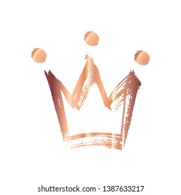 Golden hand drawn isolated crown. Trendy grunge brush and pencil (chalk or charcoal) texture. Silhouette made by tracing, white background. Vector illustration.