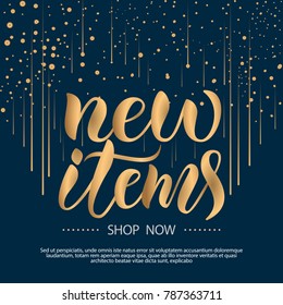 Golden hand drawn "New Items" typography lettering poster on dark blue background with falling stars for flyer, leaflet, booklet, brochure, prospectus. Promotion quotation for new season
